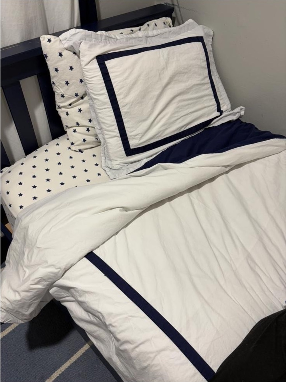 Pottery Barn White Duvet Cover with Navy Trim